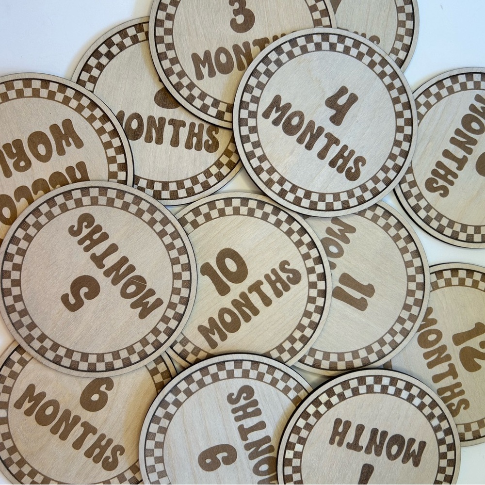 Checkered monthly milestones, photo props. Boho wood markers, pregnancy gift